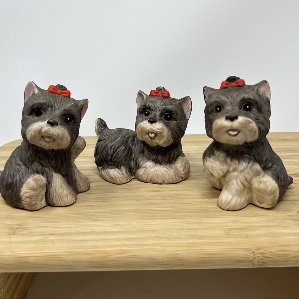 3 Homco Porcelain Terriers‎ Dog figurines #1475 Vintage 1970's Red Bow Puppy